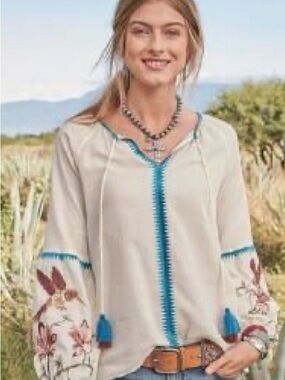 Sundance Paloma Embroidered Cream Peasant Top with Blue Trim